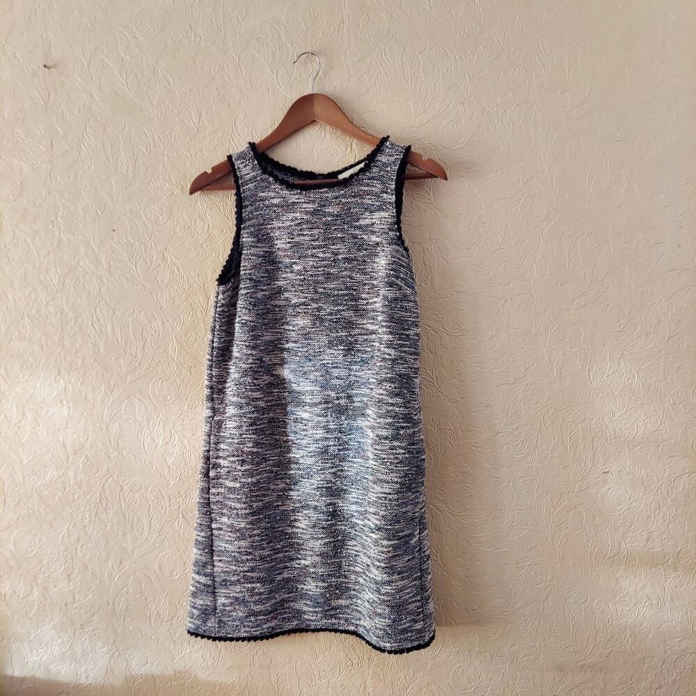 LOFT Women’s Tweed Shift Dress SMALL Sleeveless Grey Black Trim Pockets